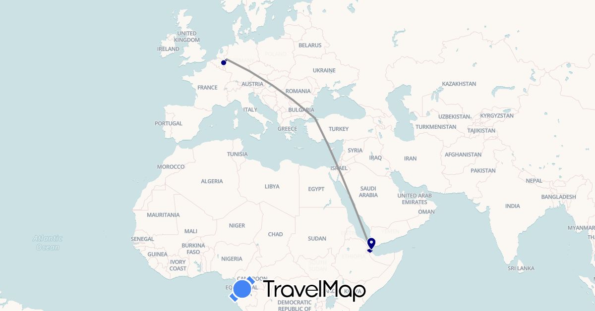 TravelMap itinerary: driving, plane in Belgium, Germany, Djibouti, Turkey (Africa, Asia, Europe)